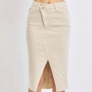 High-Waist Cream Midi Pencil Skirt with Front Slit